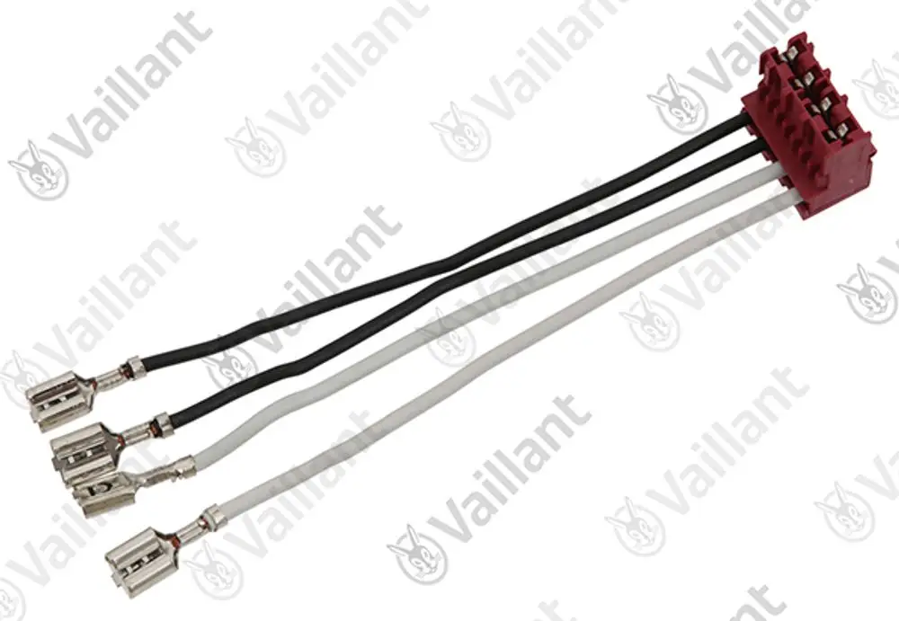 Vaillant Stecker mit Kabeln, bestehend aus mehreren Leitungen in Schwarz und Weiß, angeschlossen an einen roten Verbindungsteil mit mehreren Pins.